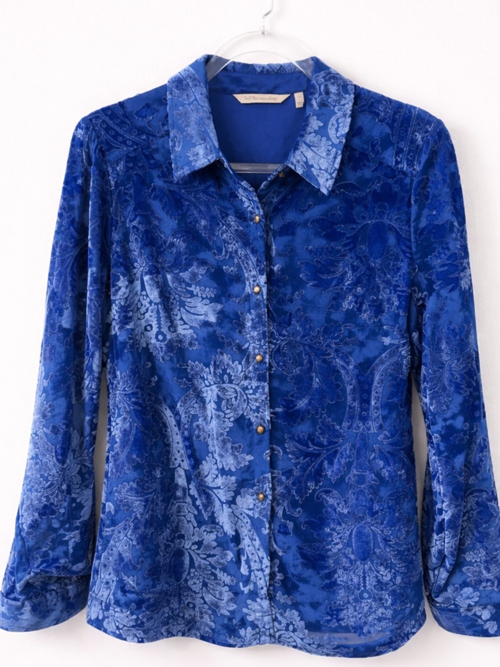 Soft Surroundings Blue Button-Up Velvet Burnout Blouse Quiet Luxury Lagenlook